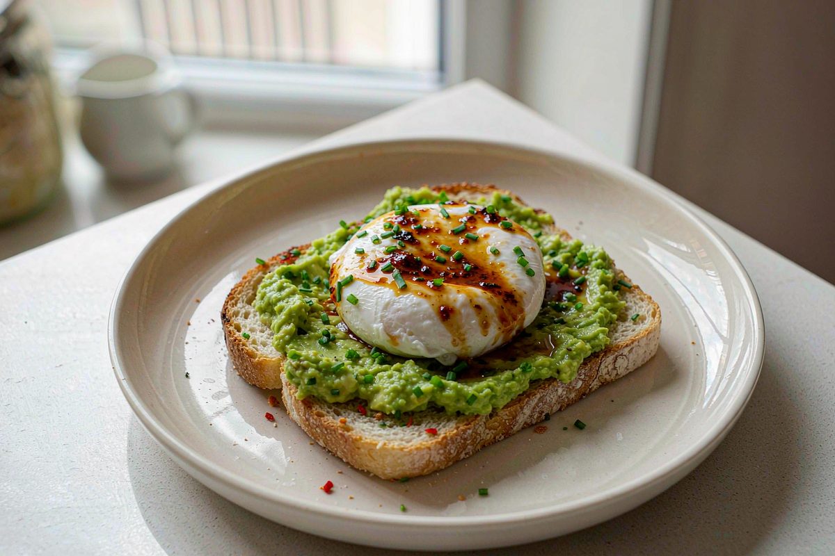 Avocado toast topped with a poached egg chili crisp and chopped chives