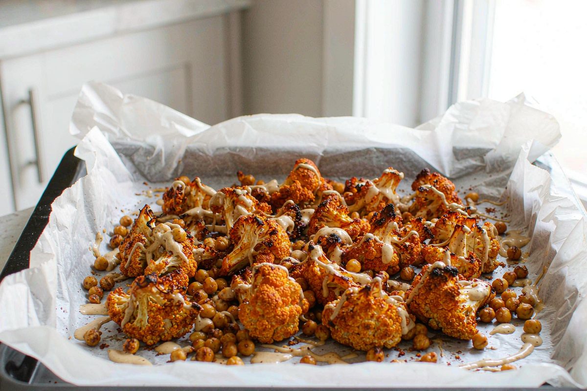 Charred harissa roasted cauliflower and crisp chickpeas with a tahini drizzle on a sheet pan