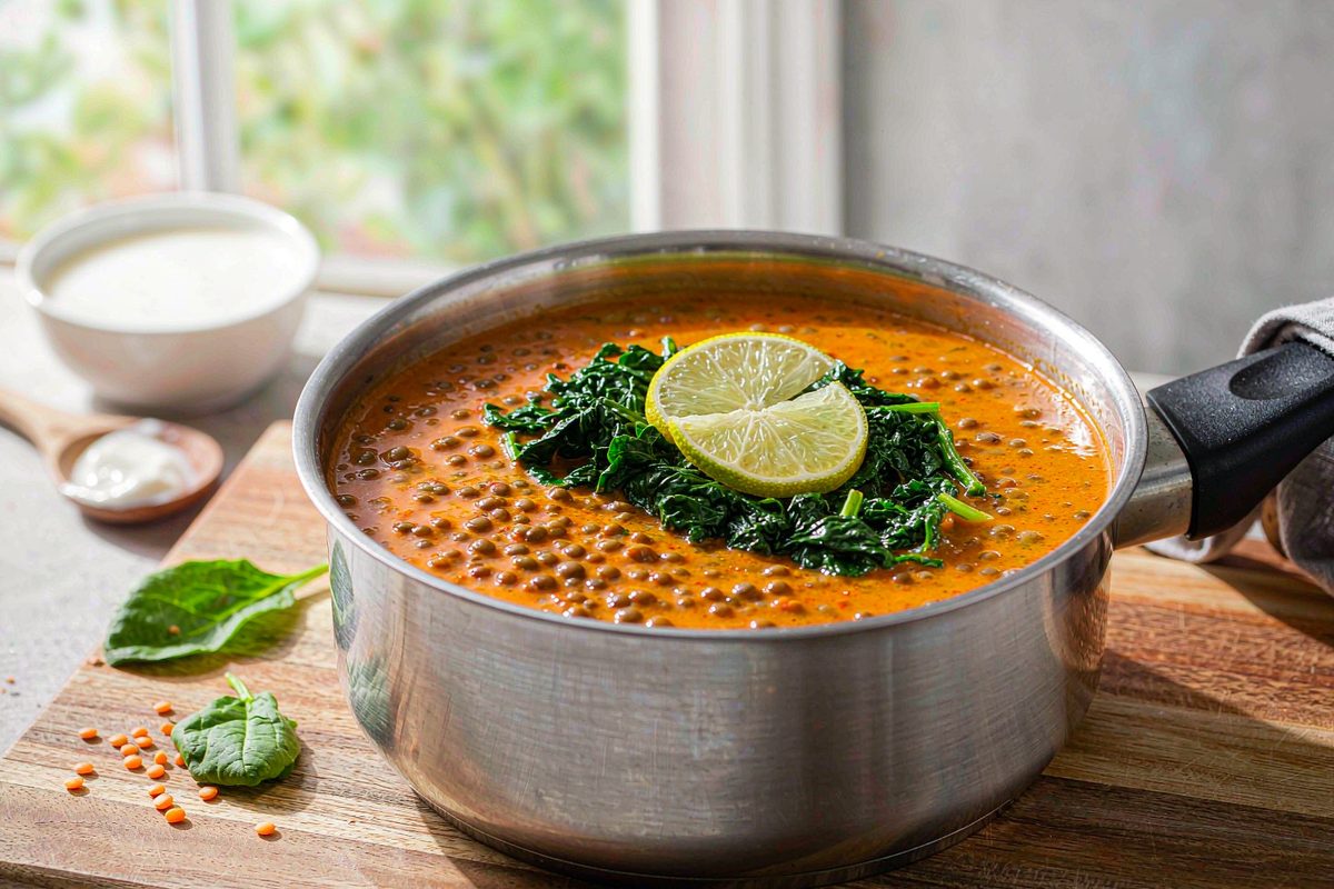 Orange red lentil coconut curry in a pot topped with wilted spinach and lime